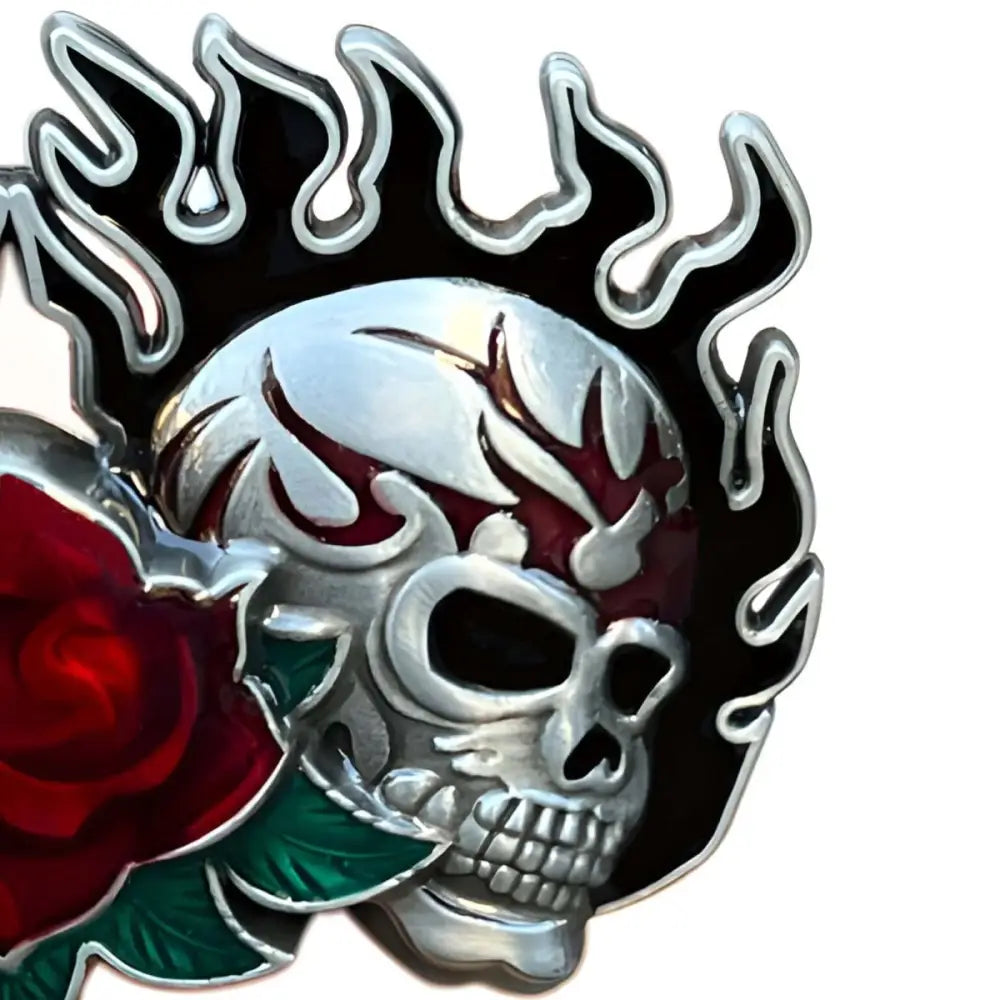 Flaming skull and rose belt buckle for stylish accessories image showcasing detailed design