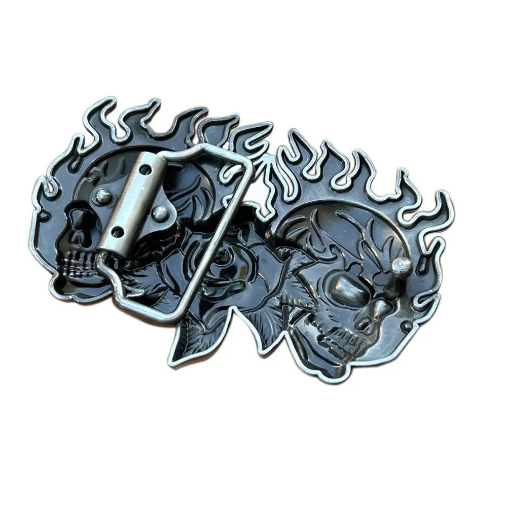 Metal belt buckle featuring flaming skulls and roses for stylish accessories