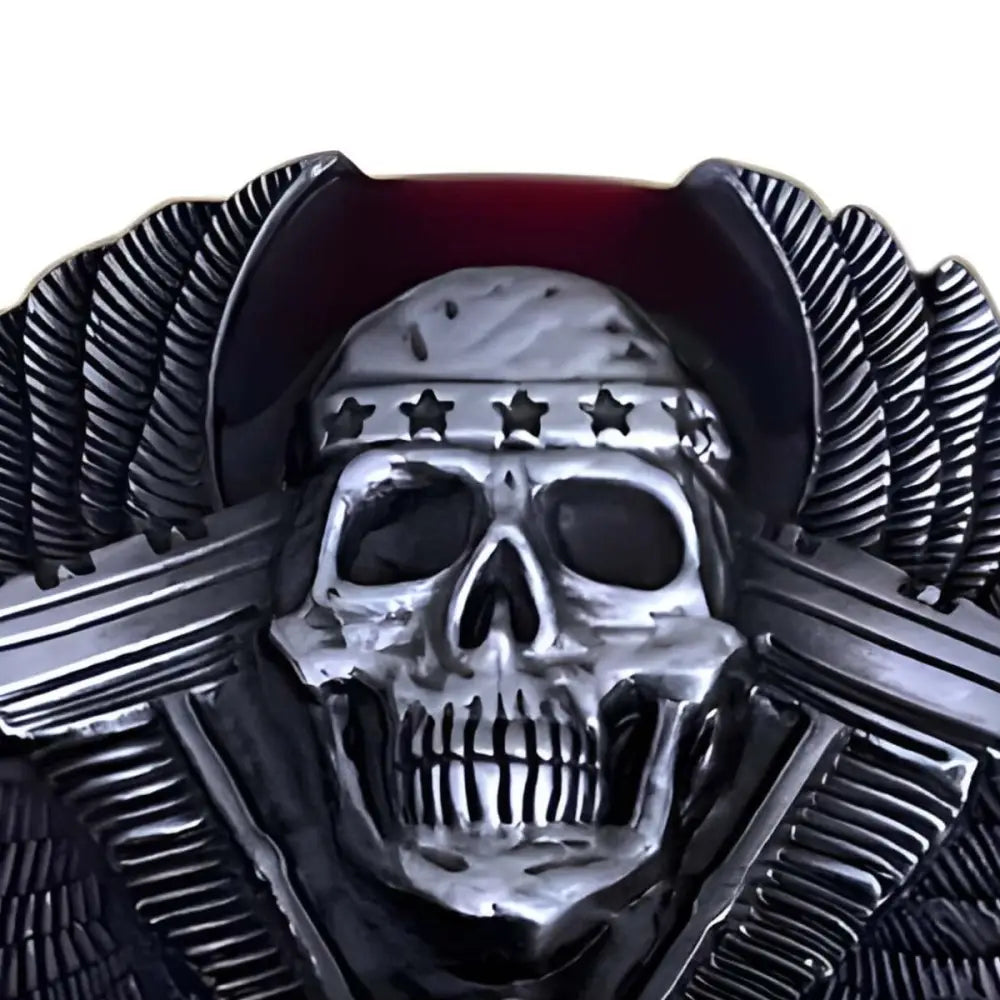 Silver skull with crossed guns and wings belt buckle, detailed metal accessory for fashion