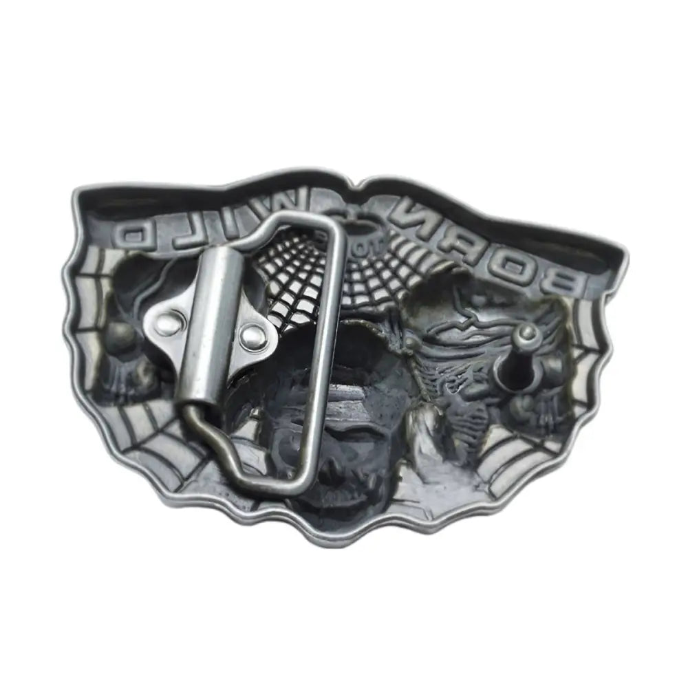 Silver Metal Skull Belt Buckle with Intricate Spiderweb Design for a bold fashion statement