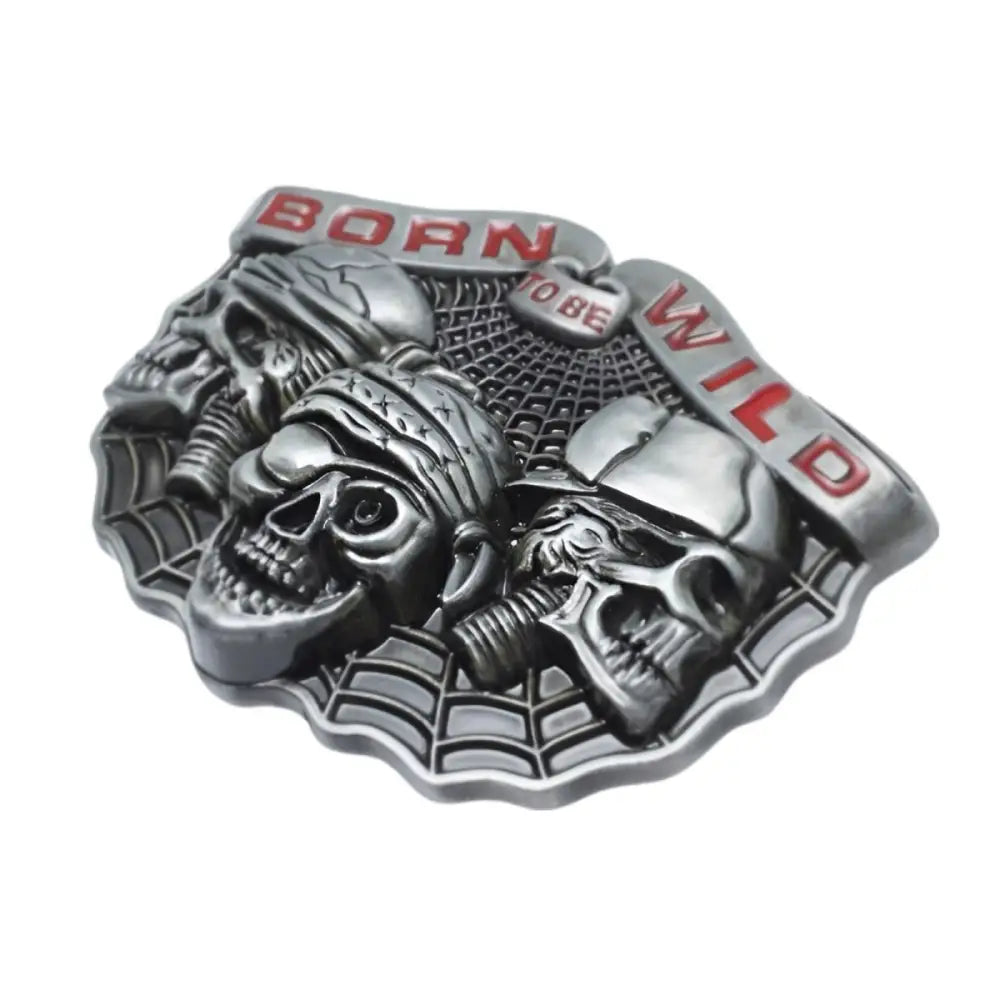 Silver metal belt buckle featuring detailed skull designs for a bold fashion statement