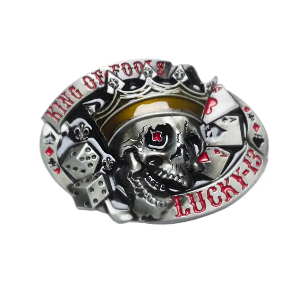 Crowned skull and playing card belt buckle showcasing a unique style accessory