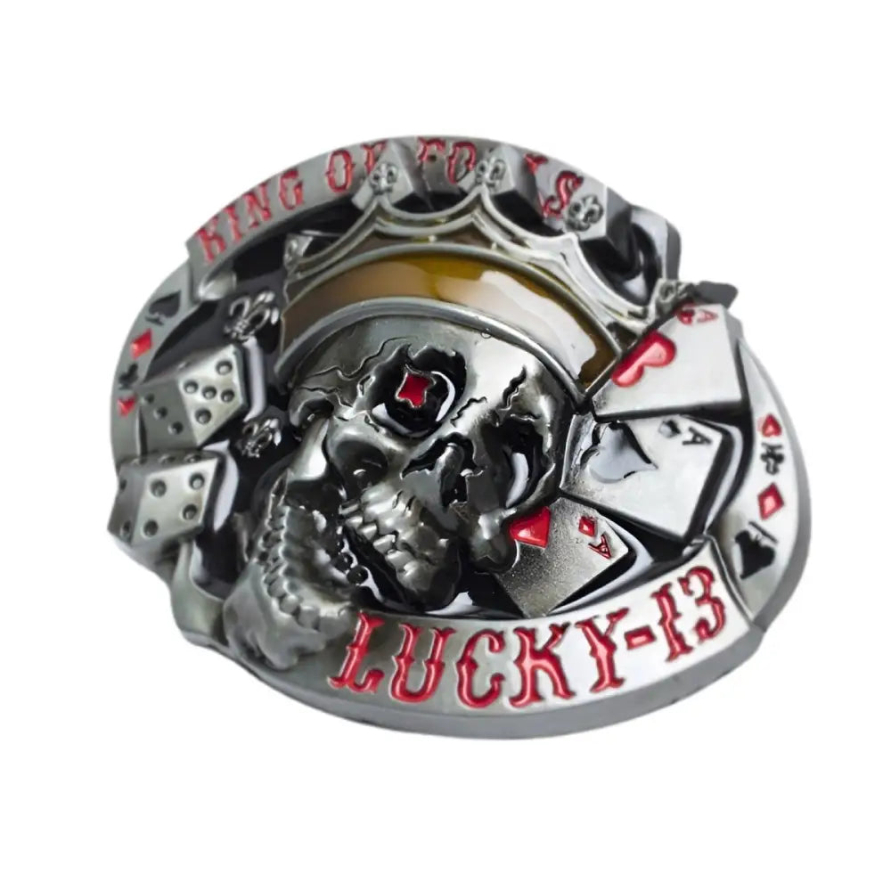 Crowned Skull and Playing Card Belt Buckle for Unique Style featuring a detailed crowned skull design