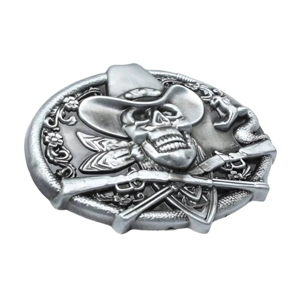Silver cowboy skull belt buckle for Western accessories, stylish belt buckle design