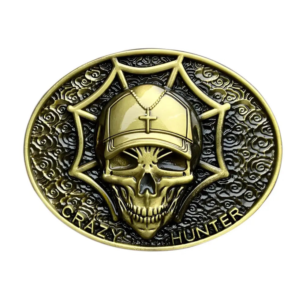 Crazy Hunter gold skull belt buckle with skull wearing baseball cap and cross necklace