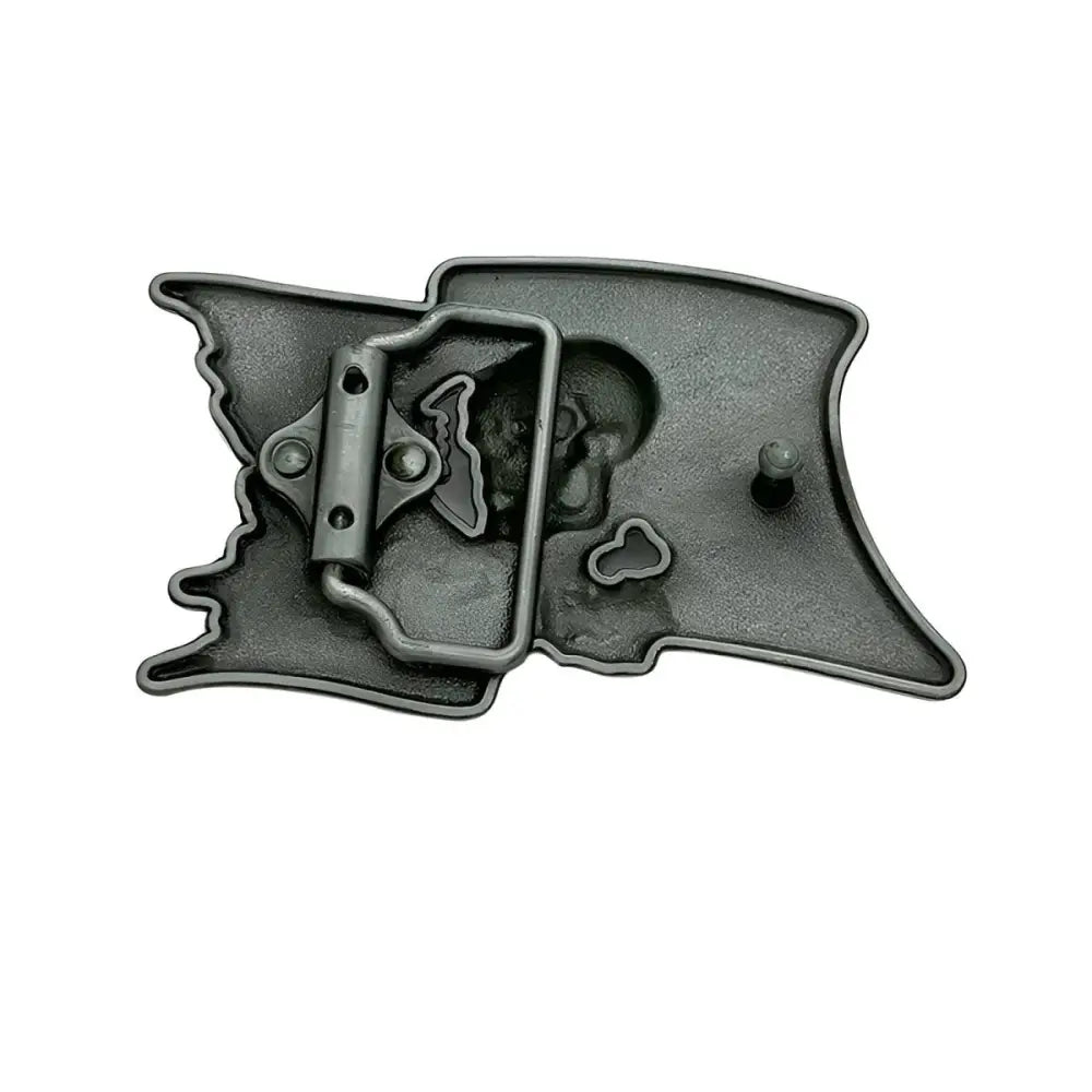 Metal belt buckle featuring Skull and Crossbones design for bold fashion statement
