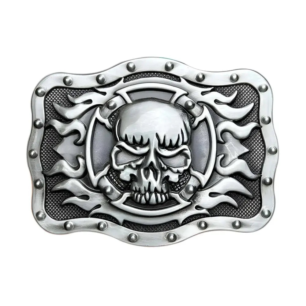 Silver skull belt buckle with effet flamme design for stylish fashion accessories