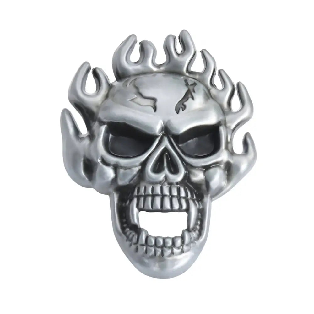 Silver flaming skull with flame detailing, ideal for collectors and enthusiasts