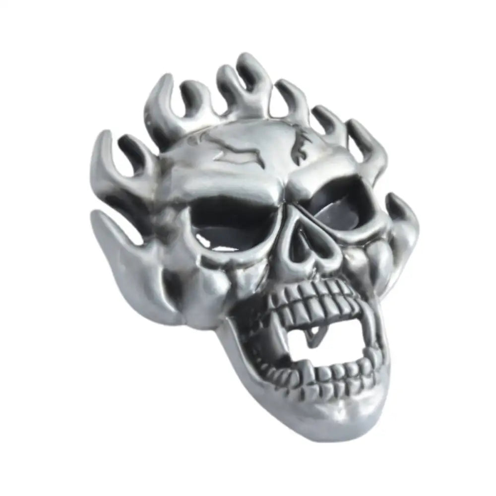 Silver flaming skull with detailed flames for collectors and enthusiasts