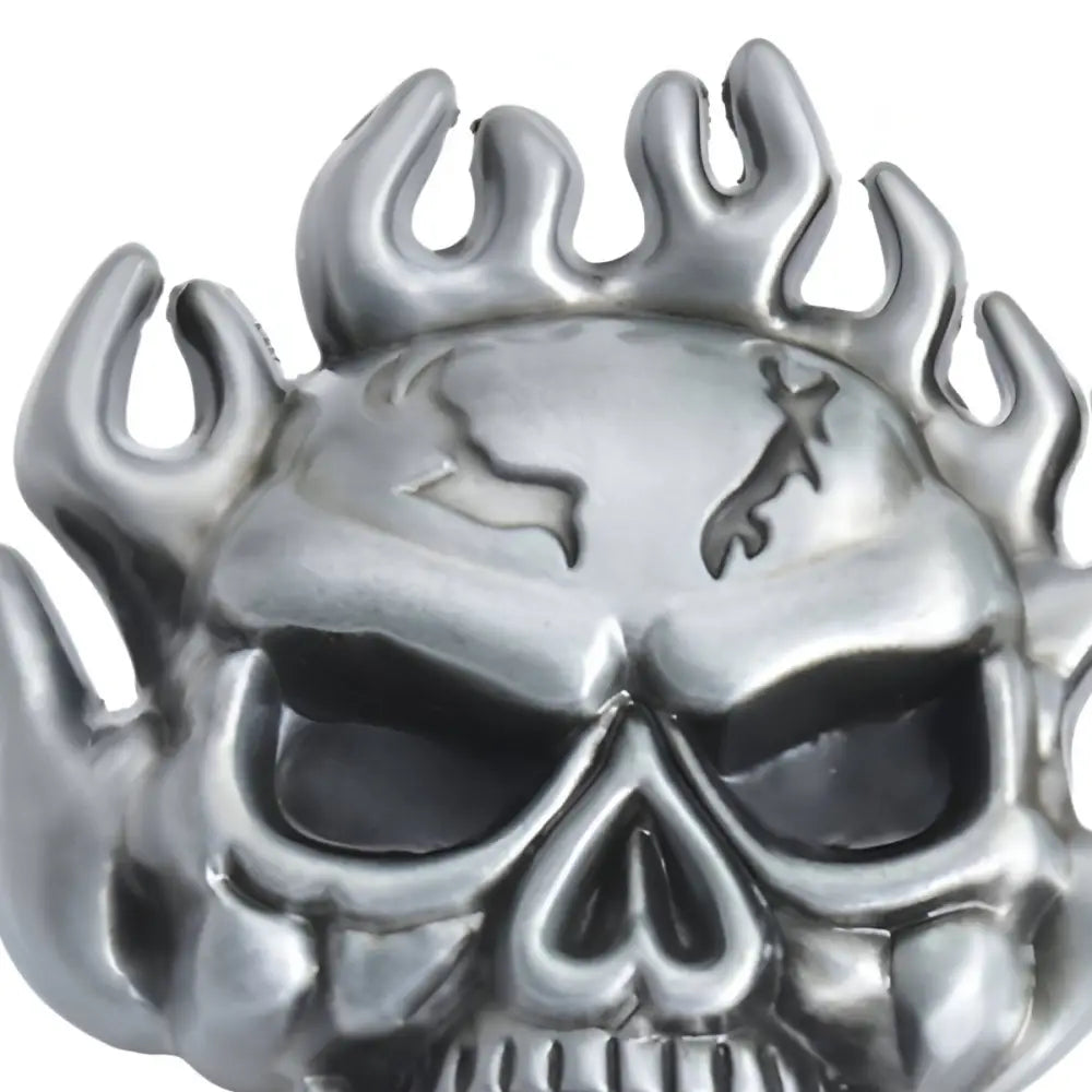 Silver flaming skull with flame accents ideal for collectors and enthusiasts