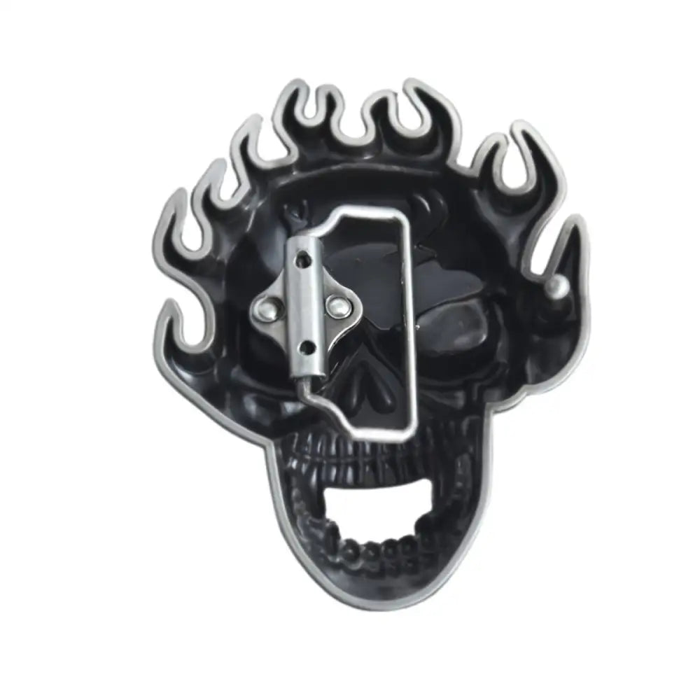 Silver flaming skull belt buckle with detailed flame design for collectors and enthusiasts