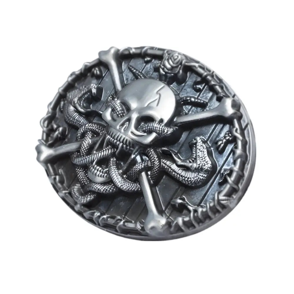 Silver skull and crossbones belt buckle with snakes for Eternity Belts eternity belt