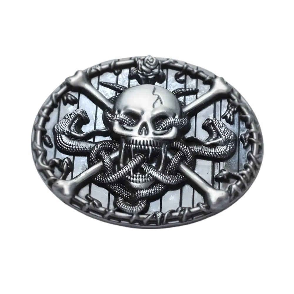 Silver skull and snake belt buckle for Eternity Belts, a stylish eternity belt buckle accessory