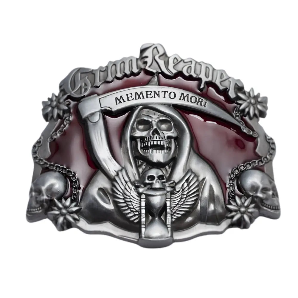 Akia Grim Reaper belt buckle featuring a detailed grim reaper skull design