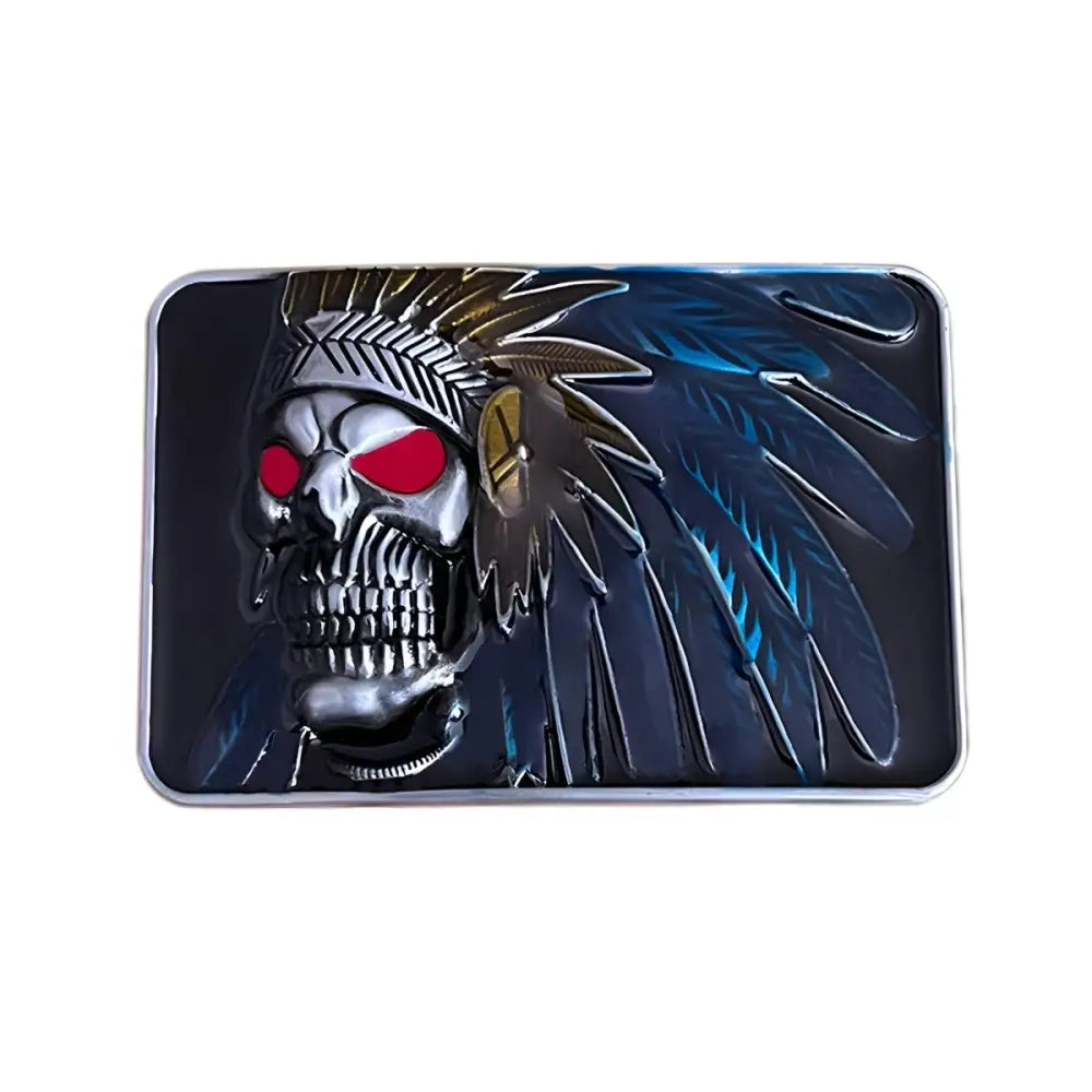 Alonzo Indian Skull belt buckle featuring Native American headdress design