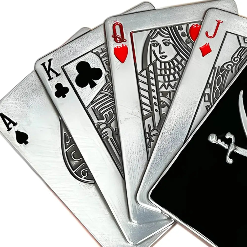 Metal playing cards featuring a pirate skull belt buckle design for collectors