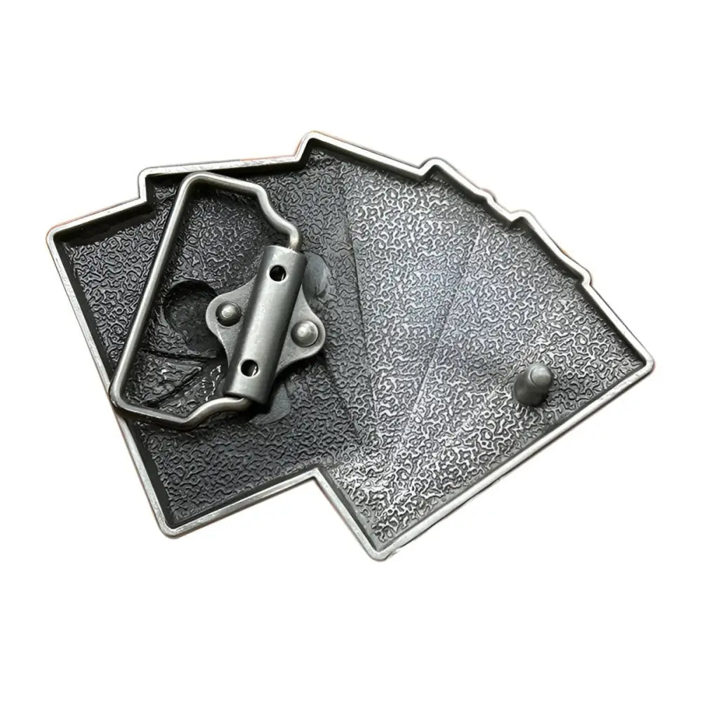 Metal playing card belt buckle featuring Skull Belt design, perfect for pirate-themed attire