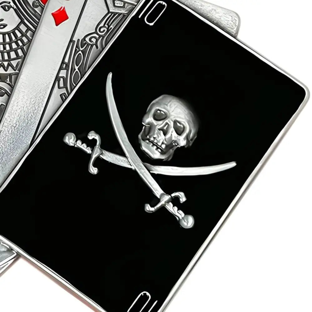 Pirate-themed playing card featuring a skull belt buckle design with a belt buckle detail