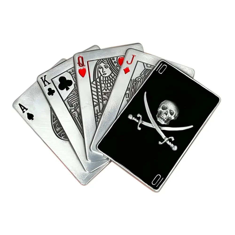 Poker hand featuring Pirate Themed Playing Card with Skull Belt Buckle design and skull belt