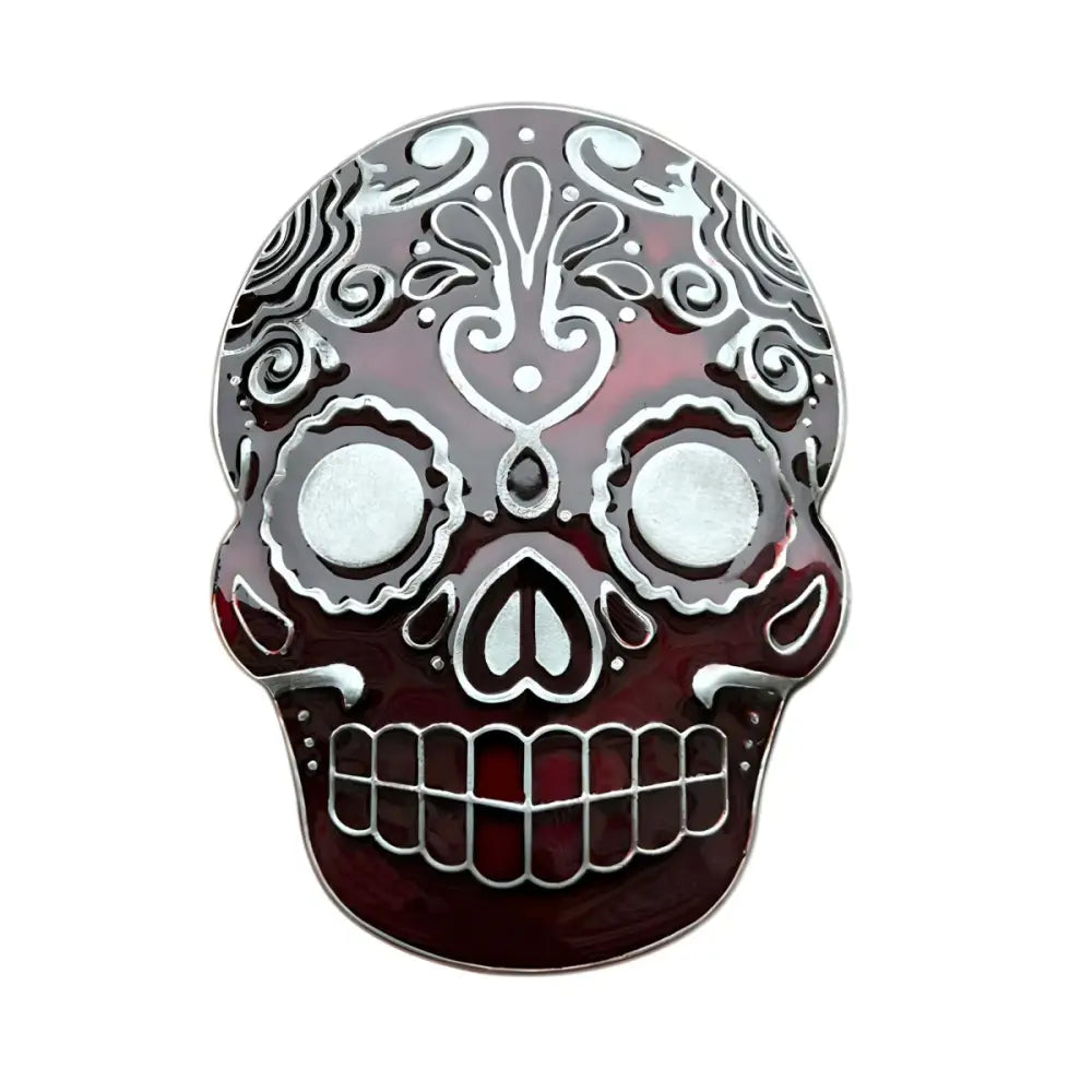 Ornate red and silver Mexican skull belt buckle for unique skull belt accessory