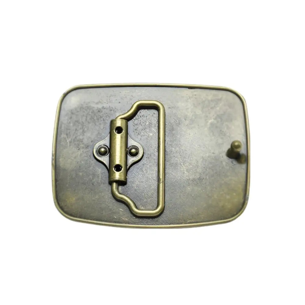 Rectangular metal belt buckle featuring skull design for Hinton Model Belts