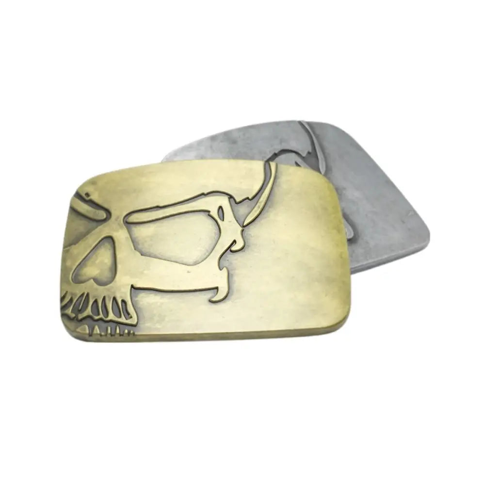 Skull buckle with metal design for Hinton Model Belts showing two metal skull belt buckles