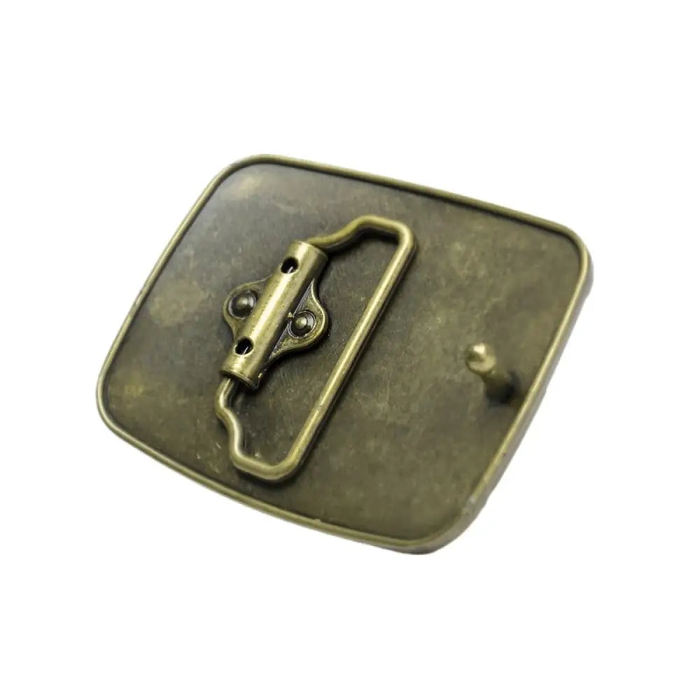 Square bronze-colored skull buckle with metal design for Hinton Model Belts