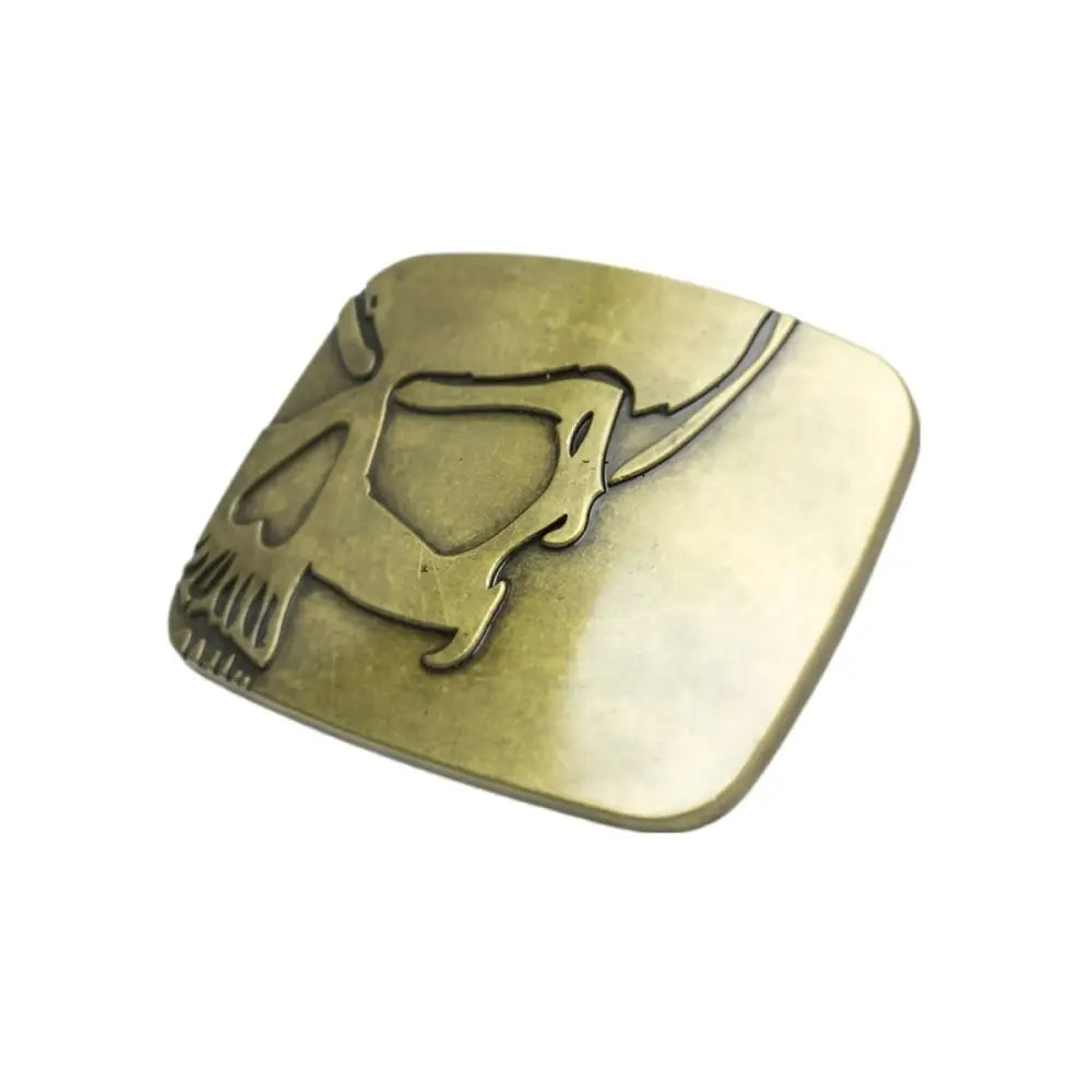 Bronze-colored skull buckle for Hinton Model Belts with metal design