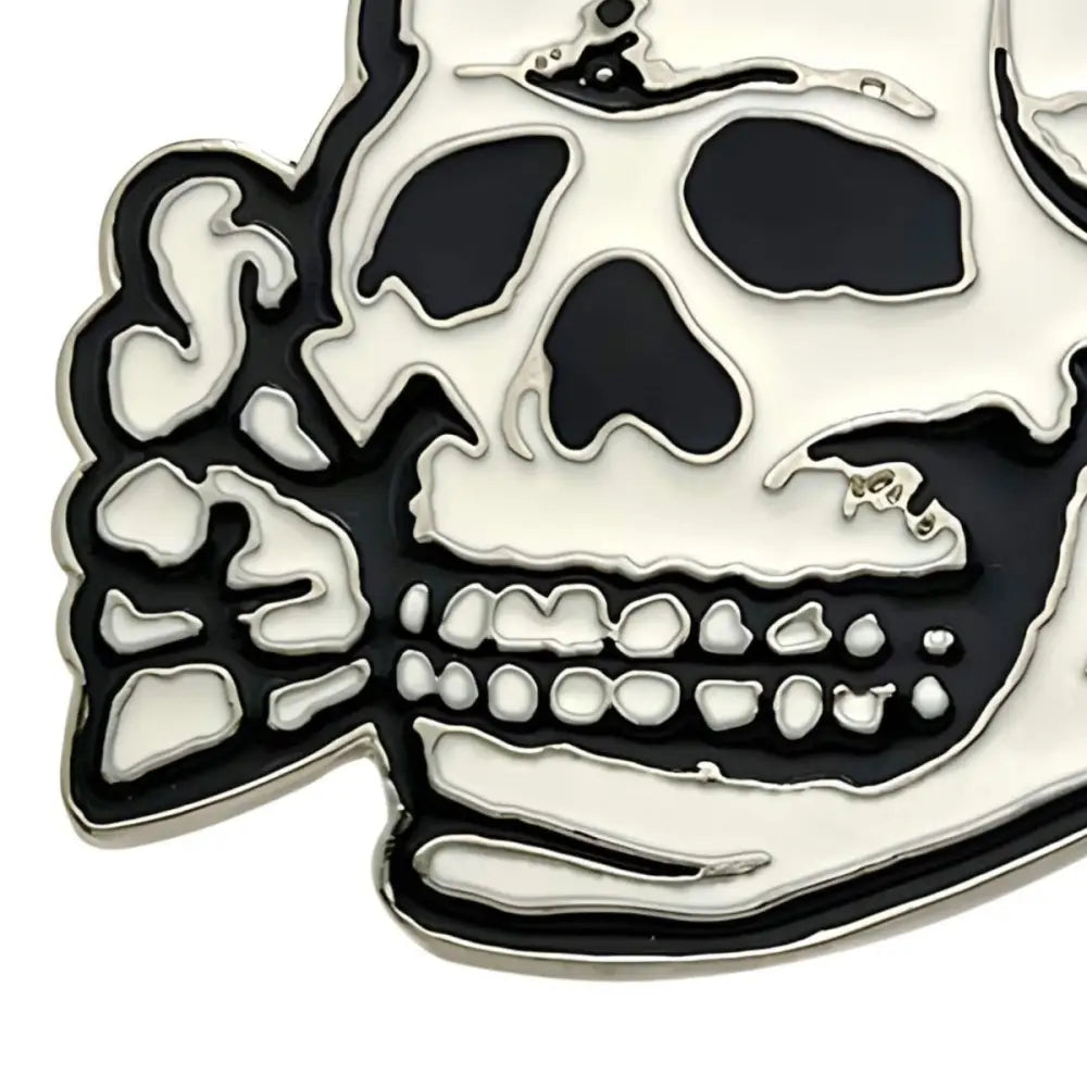 Black and white skull belt buckle from Jarvis Skull collection featuring enamel design