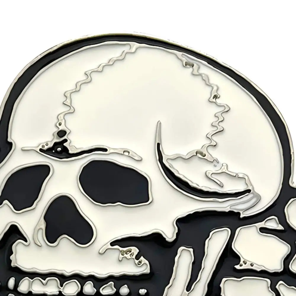 Stylized Jarvis Skull Belt Buckle with black and white enamel design for skull belt accessories
