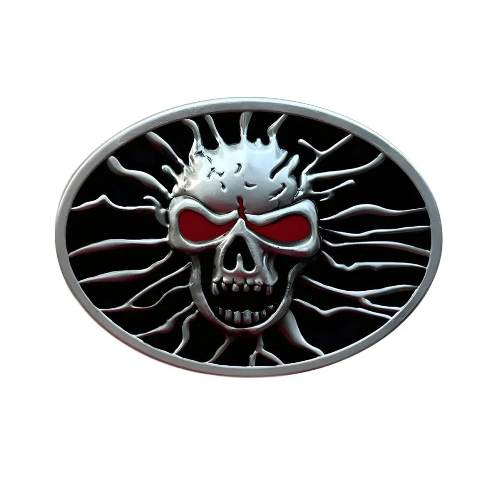 Oval skull belt buckle featuring metallic Lionel Skull design with red eyes for stylish wear
