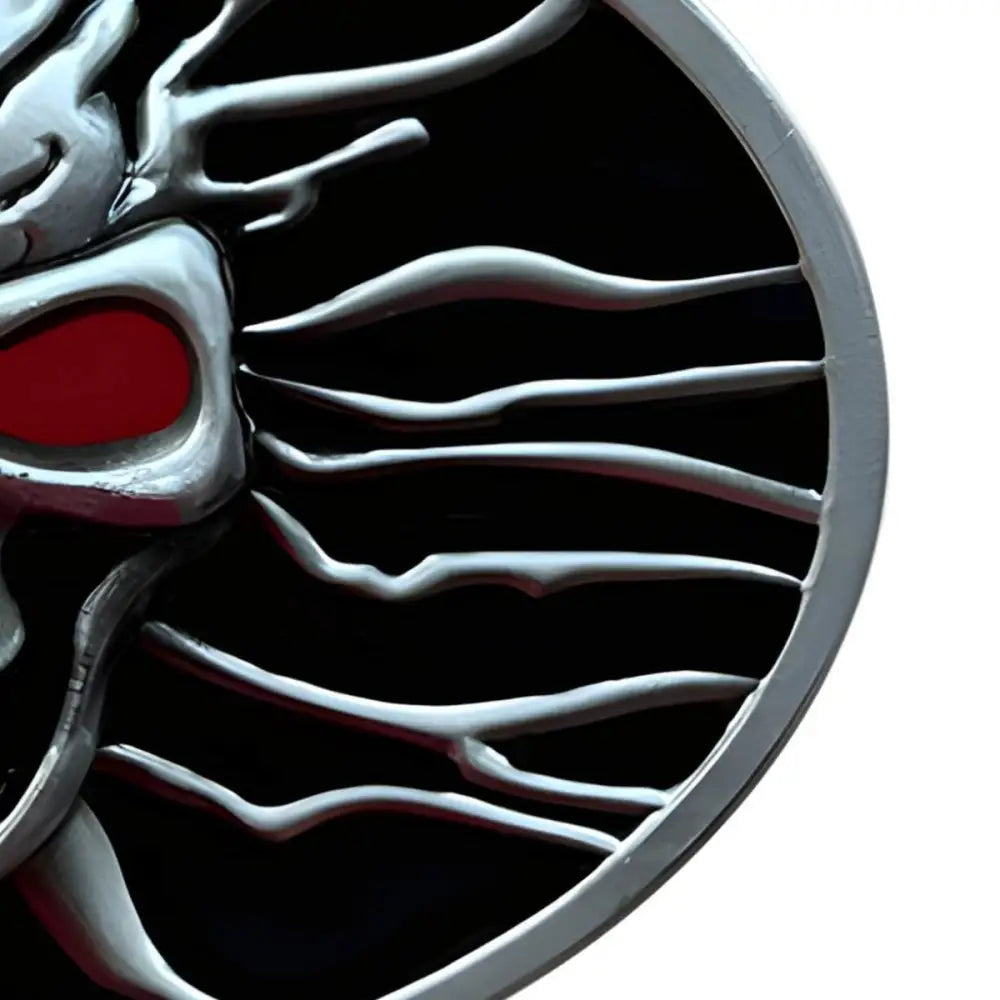 Metallic Lionel Skull Belt Buckle with Sun-shaped emblem and red eye, a distinctive skull belt buckle
