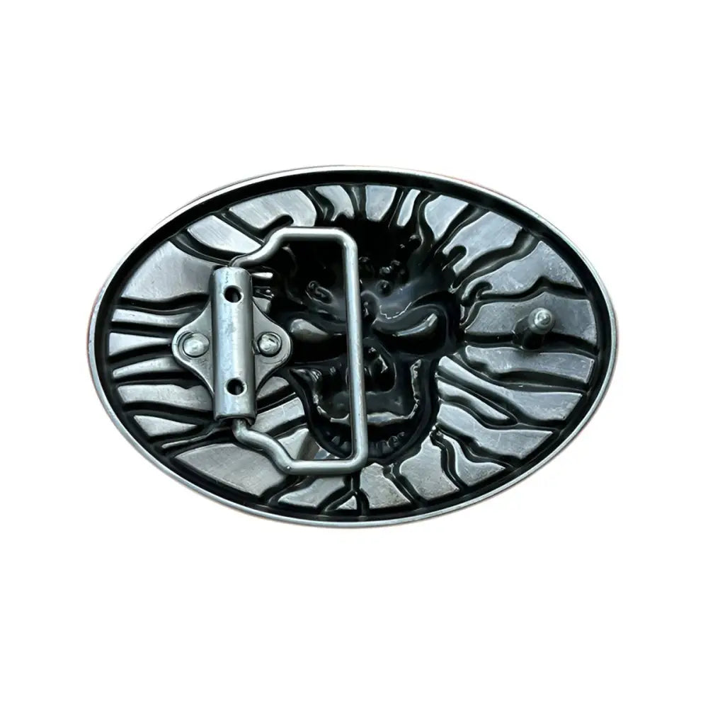 Oval skull belt buckle featuring metallic Lionel Skull design with red eyes for style