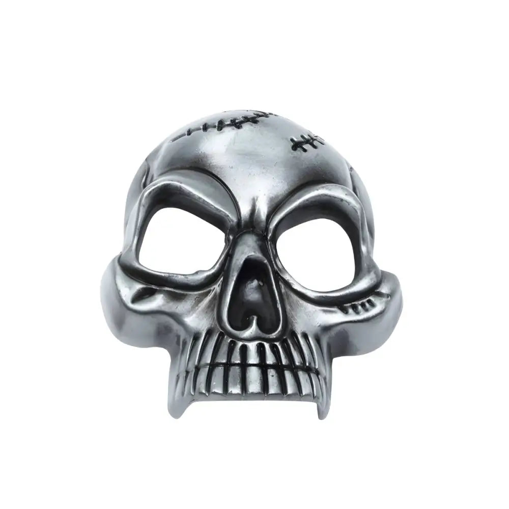 Metallic Skull Belt Buckle with Stitched Details and Mask Design for Steampunk Style