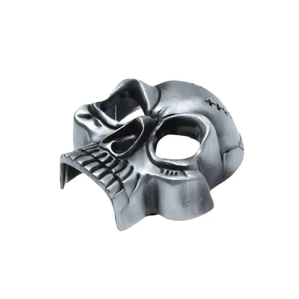 Silver skull ring integrated in metallic belt buckle with stitched details and mask design