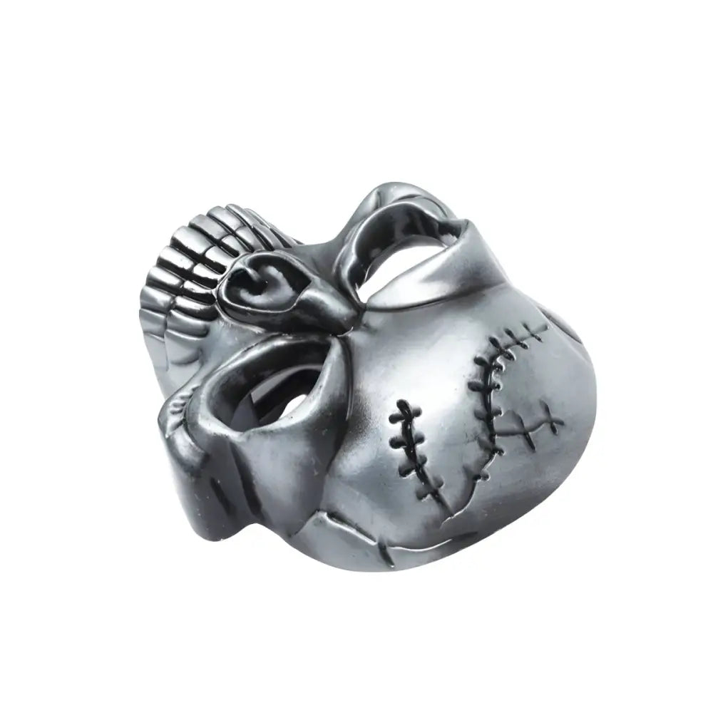 Metallic skull belt buckle with stitched details and mask design for a bold style