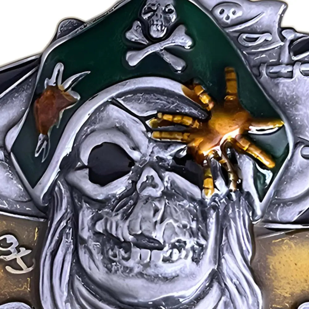Pirate skull belt buckle featuring ship design, ideal for mort pirate accessories