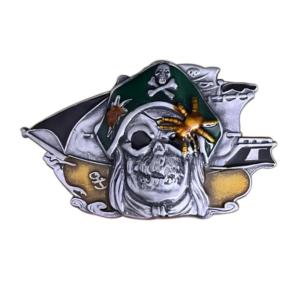 Mort Pirate Skull Belt Buckle featuring ship design, ideal for pirate-themed belt buckle accessories