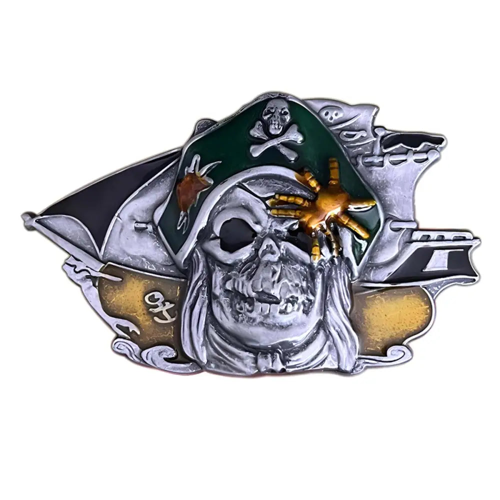 Pirate skull belt buckle featuring ship design, Mort Pirate themed accessory for belts
