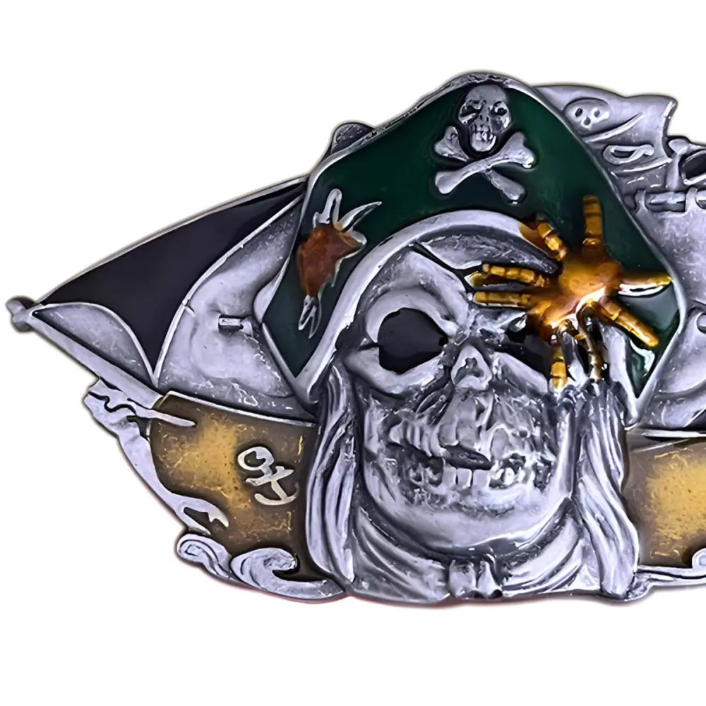 Pirate skull belt buckle with ship design, Mort Pirate themed accessory for belts