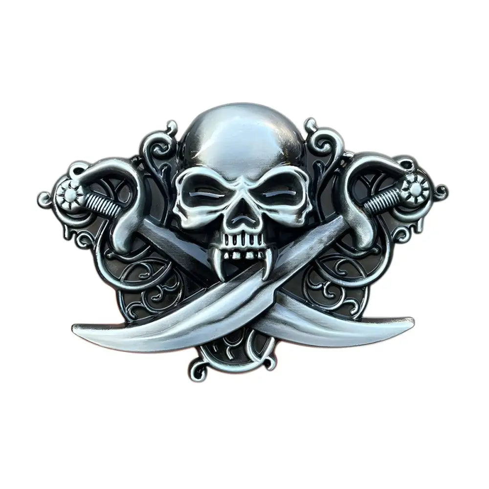 Silver skull and crossed swords emblem on a corsair belt buckle for a stylish corsair belt