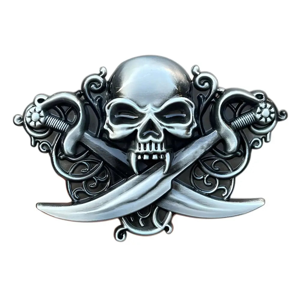 Silver skull and crossed swords emblem on corsair belt buckle for belt accessories