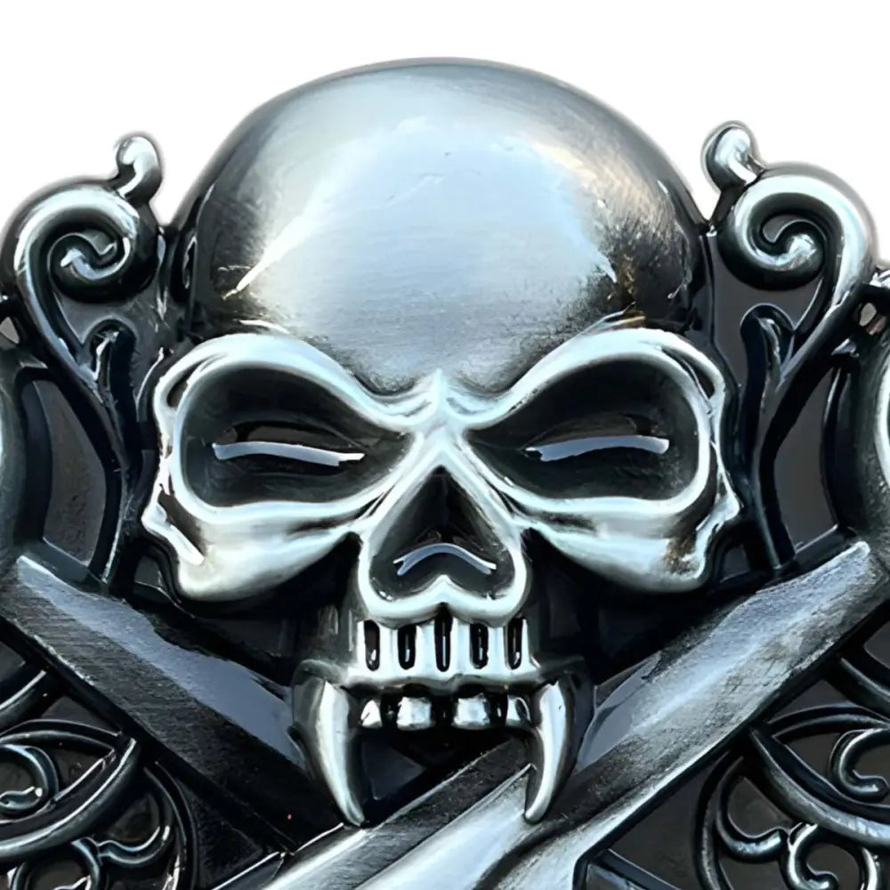 Metallic skull belt buckle featuring crossed swords, ideal for a corsair belt buckle or corsair belt