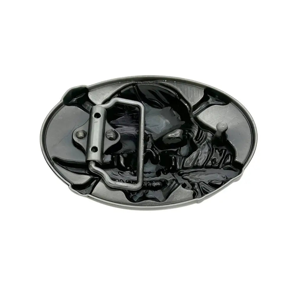 Jasper Skull Belt Buckle with Confederate Flag Bandana and Dagger showcasing a metal belt buckle
