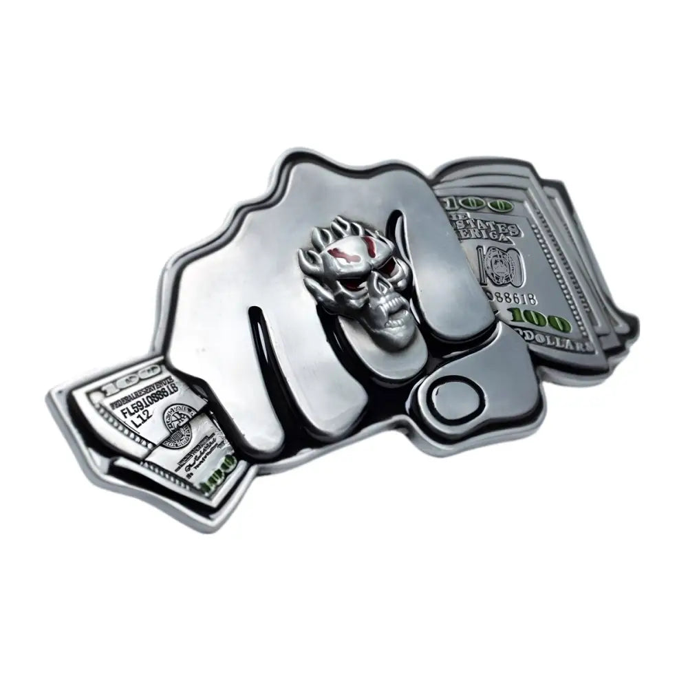 Silver Berton Skull Buckle with Skull and Money Design showcasing a bold skull buckle style