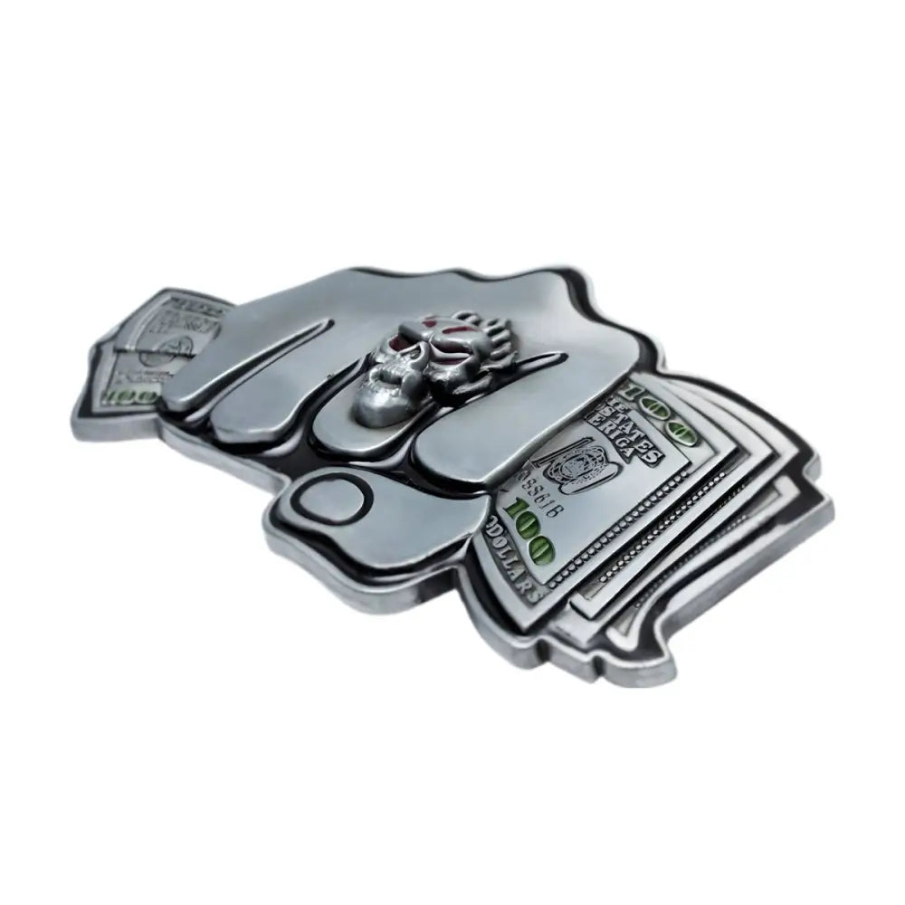 Silver Berton Skull Buckle featuring skull and money design fashion accessory