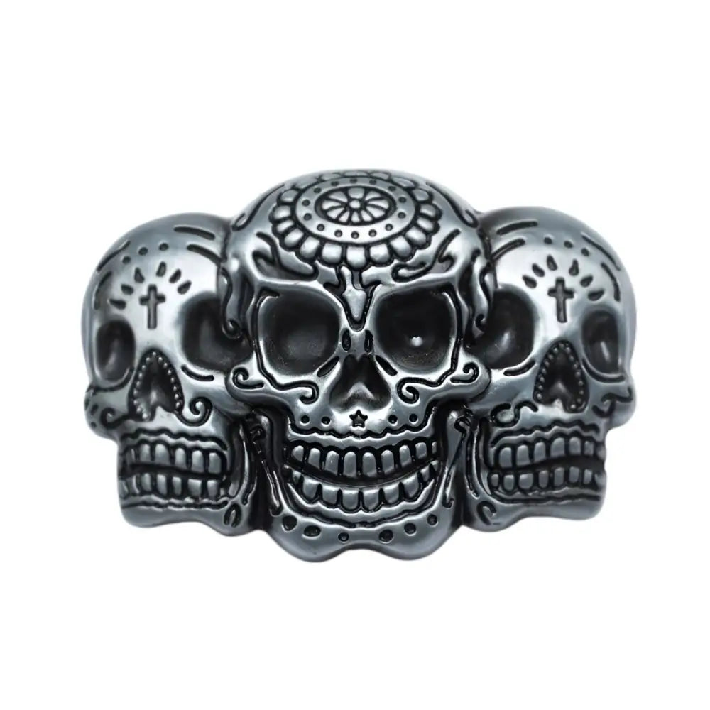 Three silver skull belt buckle with decorative metal design for jewelry and accessories