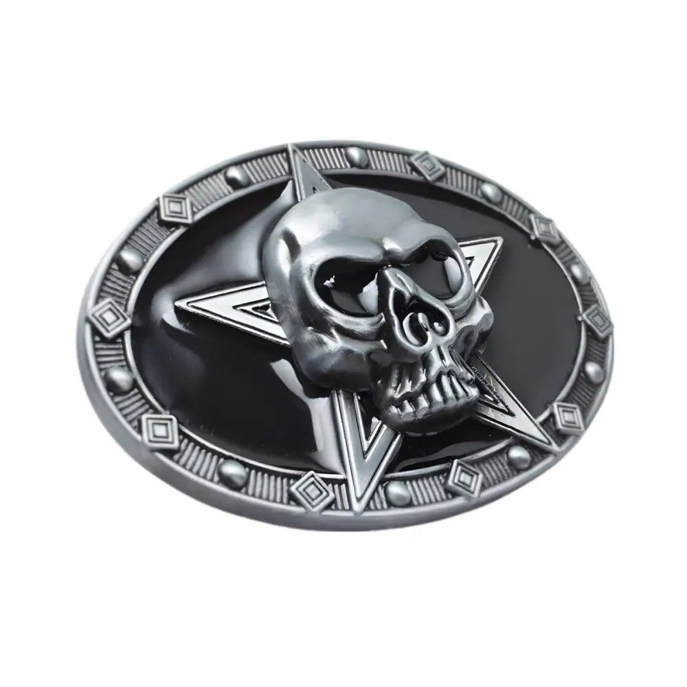 Silver skull belt buckle with star design, ideal for stylish accessories