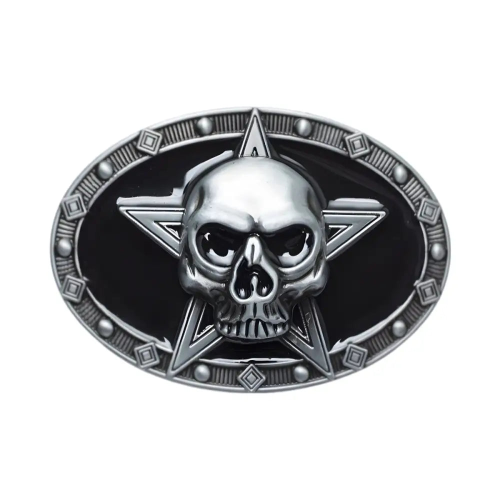 Oval belt buckle featuring a skull, star, and pentagram design in Silver