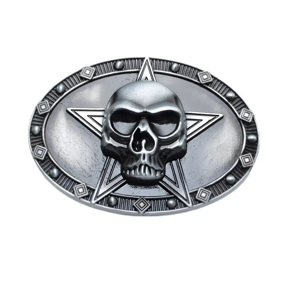 Silver skull and star belt buckle featured in Silver Skull Pentagram Belt Buckle with Star Design